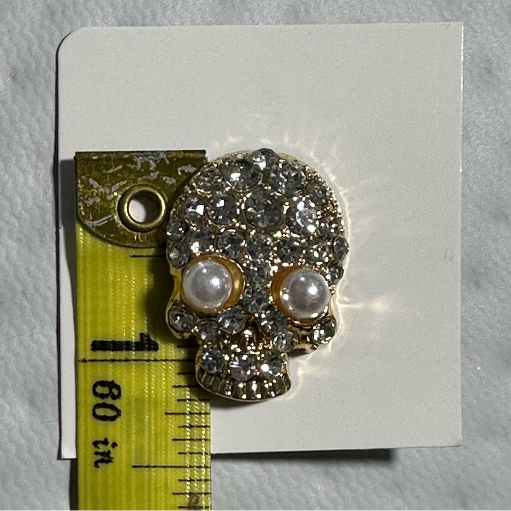 Glam Crystal Pearl Gold Skull Brooch Pin Sparkly Rhinestone Lapel Jacket Hat NWT - Picture 9 of 11